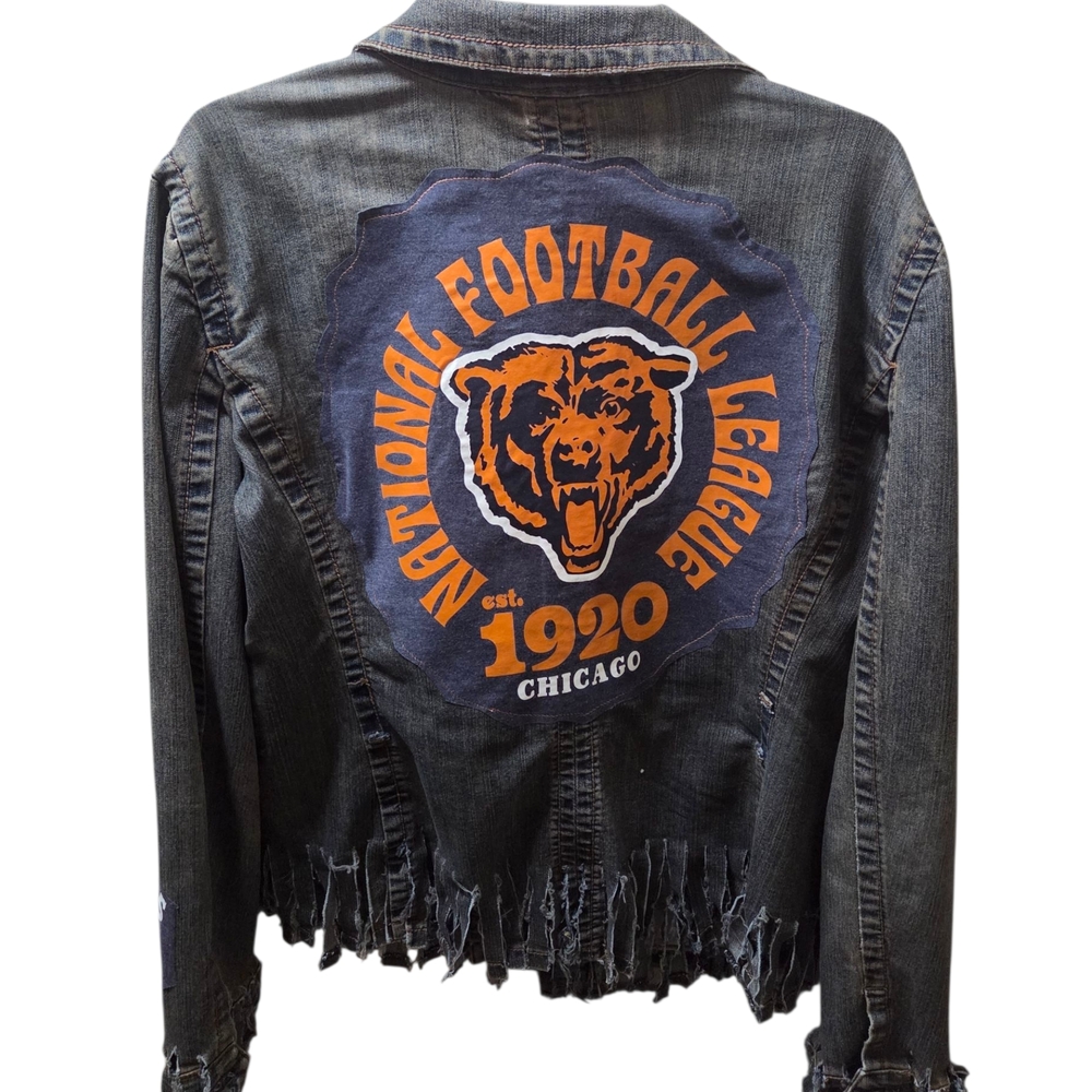 Upcycled Fringed Denim Jean Jacket with Bear Patch